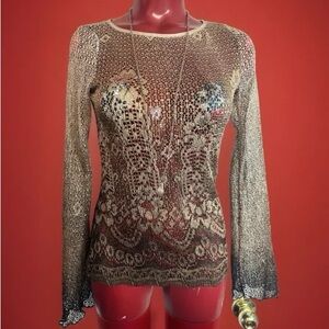 GERI C JUNIORS CROCHET MESH FLORAL BRONZE BROWN TOP - SIZE LARGE L